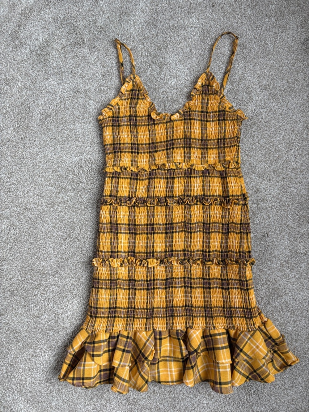 Yellow Plaid Smocked Ruffle Sundress - Women
